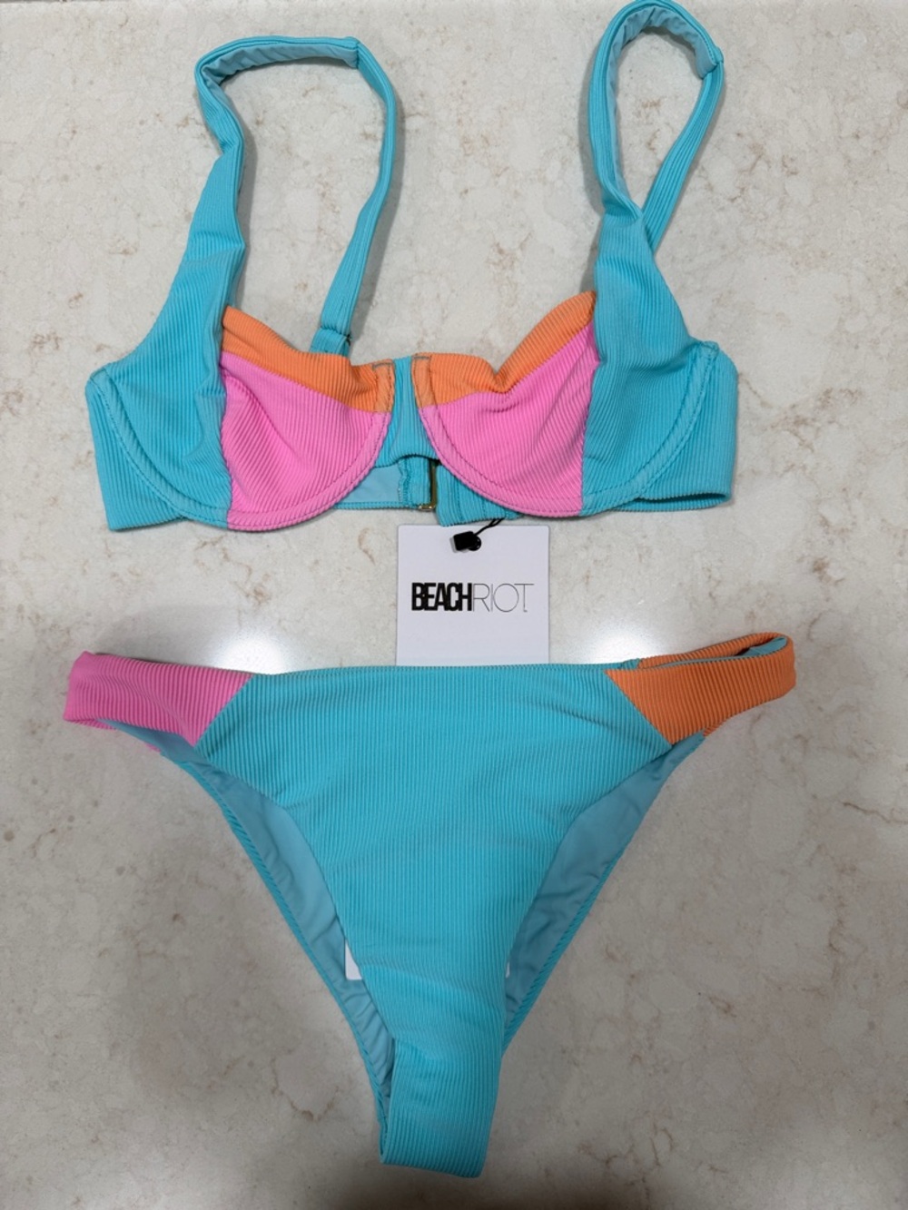 Beach Riot Turquoise Pink Orange Colorblock Ribbed Bikini